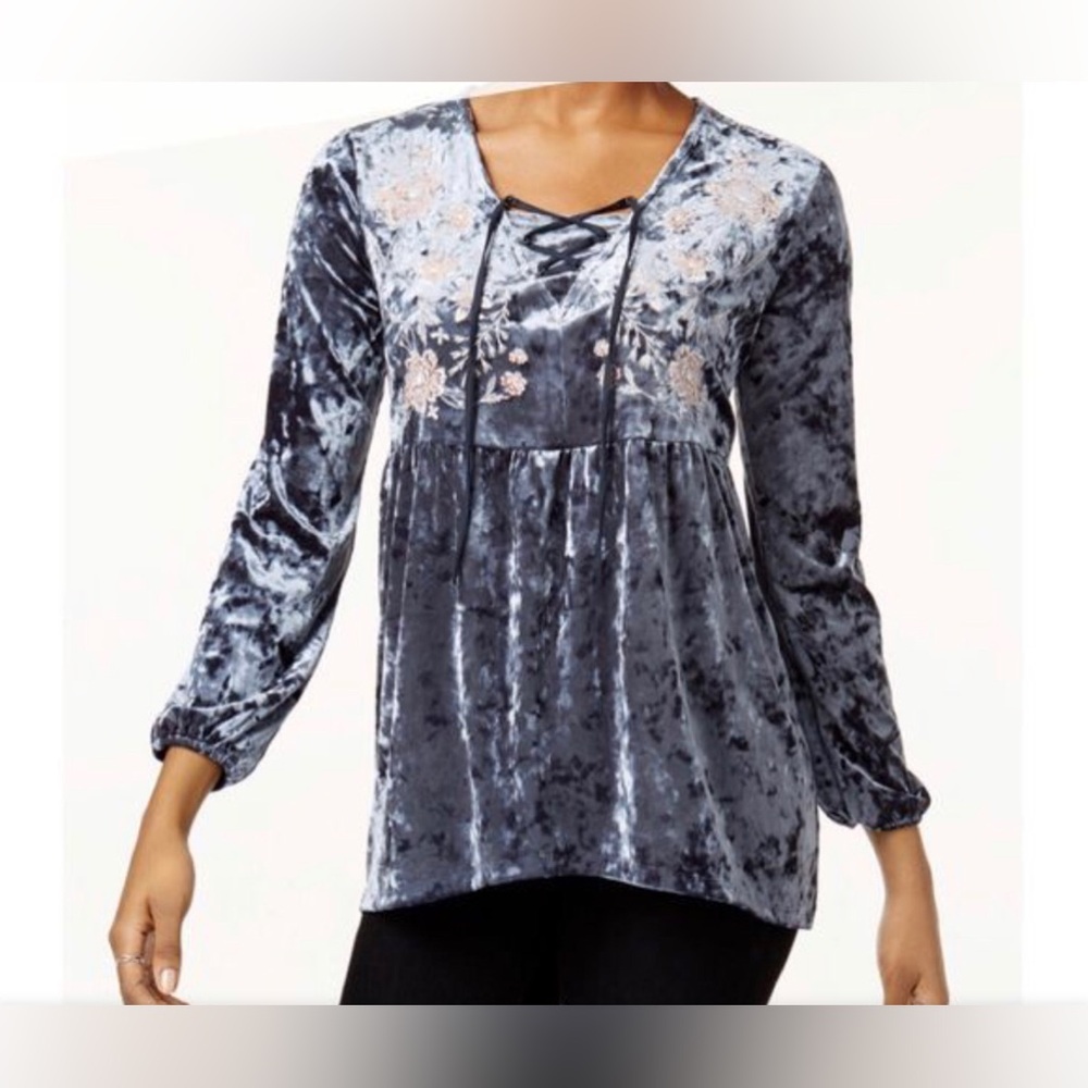 Style & Co Blue Gray Crushed Velvet Embroidered Lace Up Peasant Top 3X